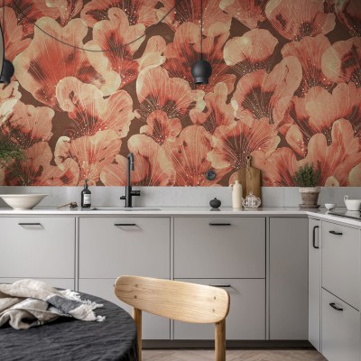 Tapet Corals, Red, cu flori roșii, perfect pentru decorarea casei.