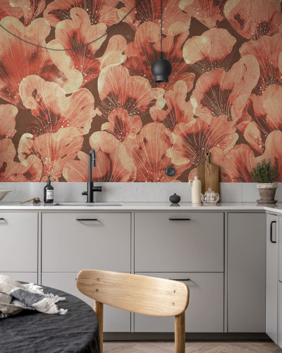 Tapet Corals, Red, cu flori roșii, perfect pentru decorarea casei.