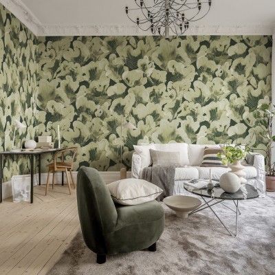 Tapet Corals, Green cu flori delicate in nuante de verde.