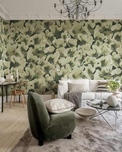 Tapet Corals, Green cu flori delicate in nuante de verde.