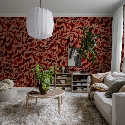 Tapet cu motive abstracte roșii, perfect pentru un living modern.