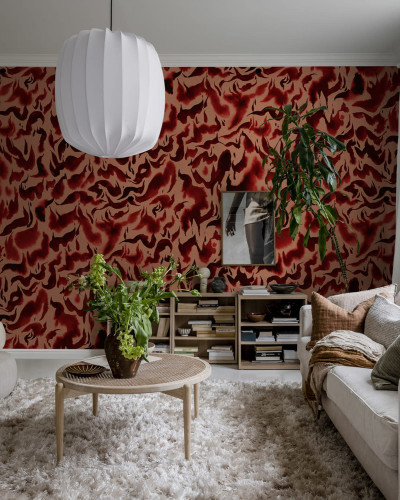Tapet cu motive abstracte roșii, perfect pentru un living modern.