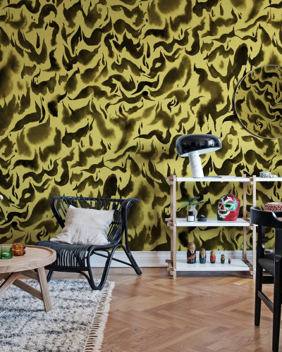 Tapet cu design abstract in nuante de galben si negru, perfect pentru living, dormitor sau birou.