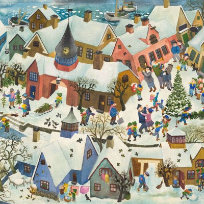 Tapet cu imagine Friendly Town, Winter, reprezentand o  oras in timpul iernii cu case colorate, copii care se joaca si un brad de Craciun.