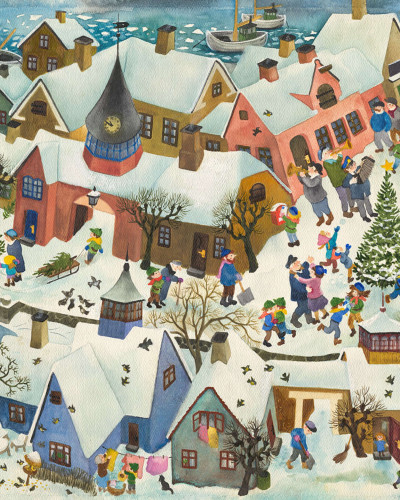 Tapet cu imagine Friendly Town, Winter, reprezentand o  oras in timpul iernii cu case colorate, copii care se joaca si un brad de Craciun.