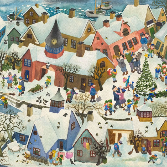 Tapet cu imagine Friendly Town, Winter, reprezentand o  oras in timpul iernii cu case colorate, copii care se joaca si un brad de Craciun.