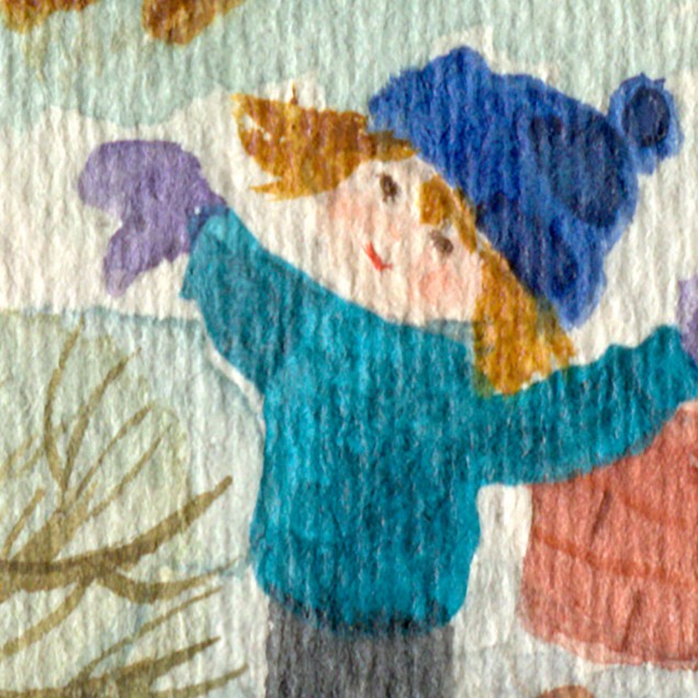 Tapet cu imagine Friendly Town, Winter, reprezentand o  oras in timpul iernii cu case colorate, copii care se joaca si un brad de Craciun.