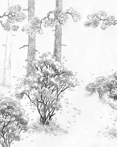 Tapet Forest Memories Graphite, cu design minimalist al unor copaci în pădure.