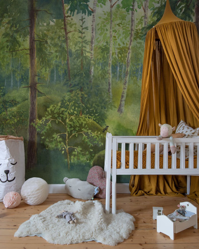 Tapet cu design de pădure, cu culori pastelate și detalii delicate, perfect pentru dormitoare, camere de copii și livinguri