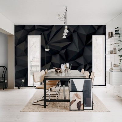 Tapet Acoustic Panel, negru, cu un design geometric abstract, pe un perete din living.