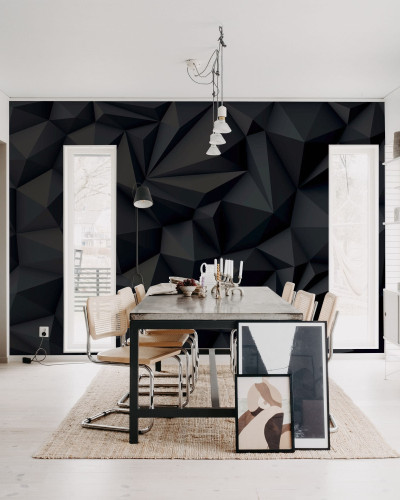 Tapet Acoustic Panel, negru, cu un design geometric abstract, pe un perete din living.