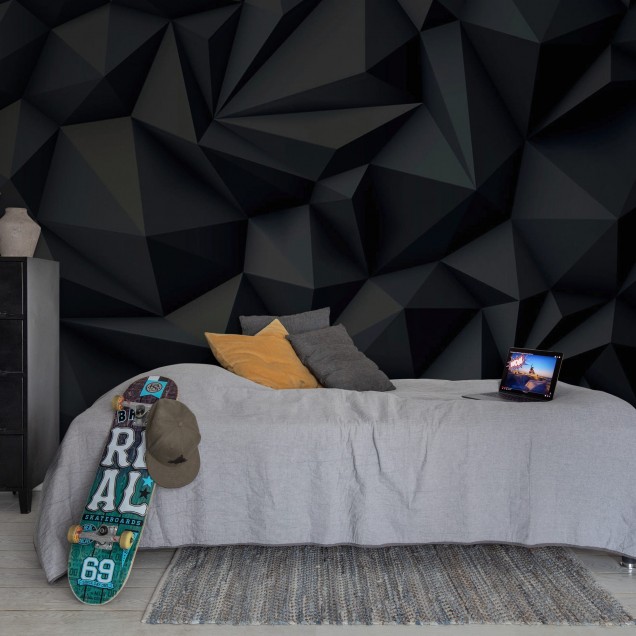 Tapet Acoustic Panel, negru, cu un design geometric abstract, pe un perete din living.