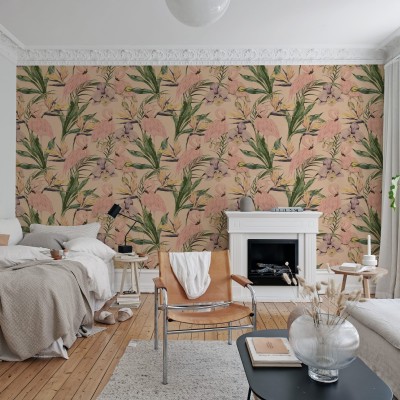 Tapet cu flamingo roz și frunze tropicale