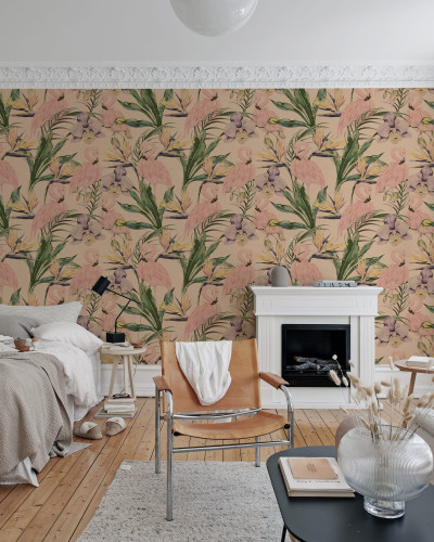 Tapet cu flamingo roz și frunze tropicale