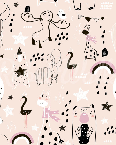Tapet Happy Animals roz cu animale simpatice, baloane și stele