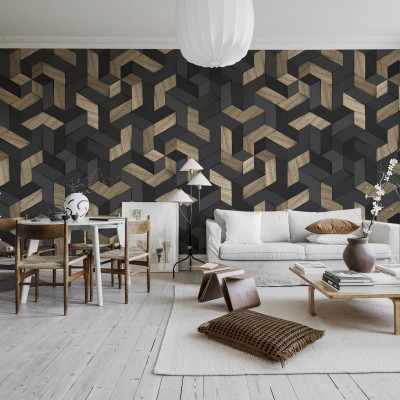 Tapet Geometric Wood cu design geometric din lemn, în tonuri neutre de gri și maro, perfect pentru a crea o atmosferă modernă și elegantă.