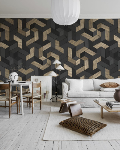 Tapet Geometric Wood cu design geometric din lemn, în tonuri neutre de gri și maro, perfect pentru a crea o atmosferă modernă și elegantă.