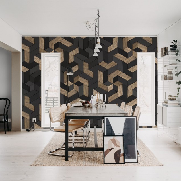 Tapet Geometric Wood cu design geometric din lemn, în tonuri neutre de gri și maro, perfect pentru a crea o atmosferă modernă și elegantă.
