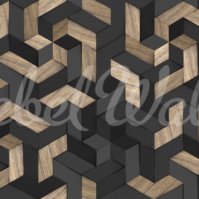 Tapet Geometric Wood cu design geometric din lemn, în tonuri neutre de gri și maro, perfect pentru a crea o atmosferă modernă și elegantă.