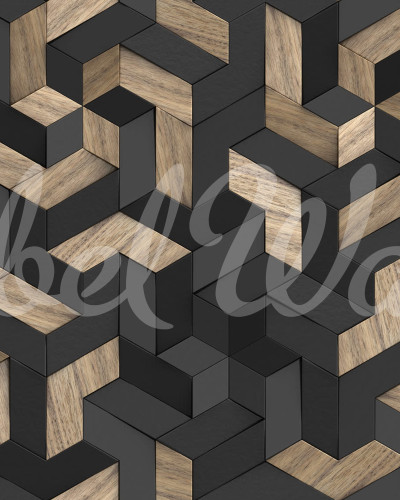 Tapet Geometric Wood cu design geometric din lemn, în tonuri neutre de gri și maro, perfect pentru a crea o atmosferă modernă și elegantă.