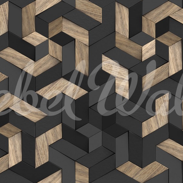 Tapet Geometric Wood cu design geometric din lemn, în tonuri neutre de gri și maro, perfect pentru a crea o atmosferă modernă și elegantă.