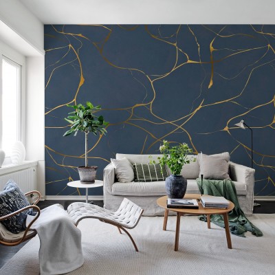 Tapet Gold Swirl, Dark Blue, cu un design modern cu accente aurii pe un fundal albastru inchis