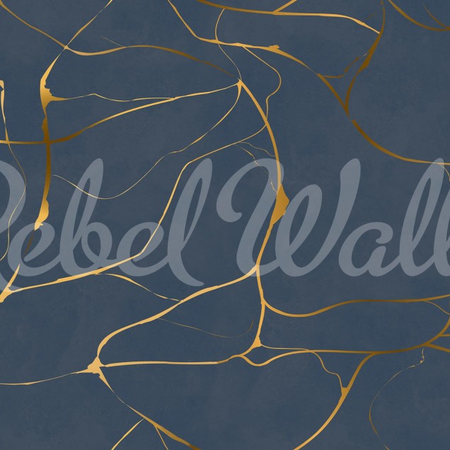 Tapet Gold Swirl, Dark Blue, cu un design modern cu accente aurii pe un fundal albastru inchis