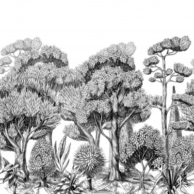 Tapet Forest Park Graphite cu un design minimalist ce prezintă copaci în tonuri de gri. Tapetul este aplicat pe un perete într-o sufragerie modernă cu o masă din lemn, scaune negre și o lampă cu abajur din hârtie.