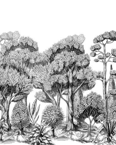 Tapet Forest Park Graphite cu un design minimalist ce prezintă copaci în tonuri de gri. Tapetul este aplicat pe un perete într-o sufragerie modernă cu o masă din lemn, scaune negre și o lampă cu abajur din hârtie.