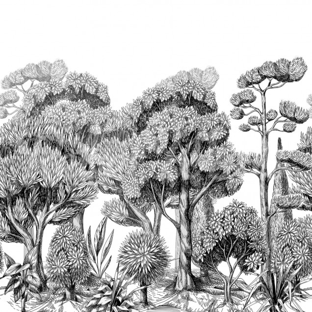 Tapet Forest Park Graphite cu un design minimalist ce prezintă copaci în tonuri de gri. Tapetul este aplicat pe un perete într-o sufragerie modernă cu o masă din lemn, scaune negre și o lampă cu abajur din hârtie.