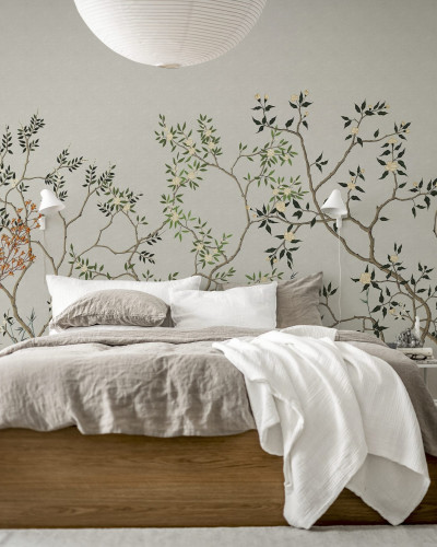 Tapet cu flori de cires Chinoiserie Trees in dormitor