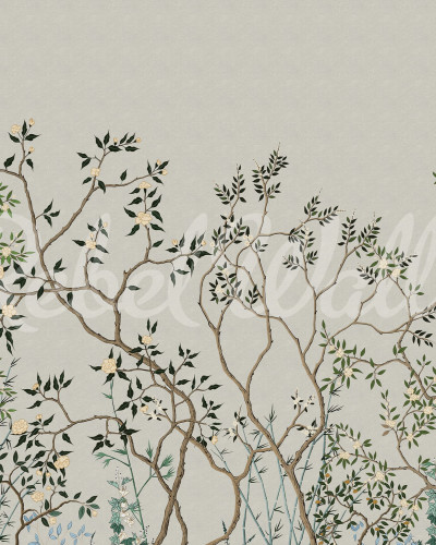 Tapet cu flori de cires Chinoiserie Trees in dormitor