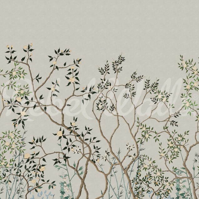 Tapet cu flori de cires Chinoiserie Trees in dormitor