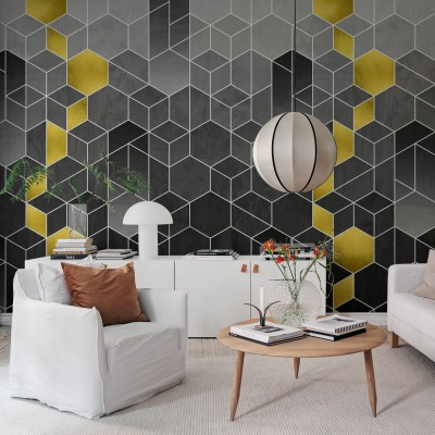 Tapet geometric modern în nuanțe de gri și auriu.