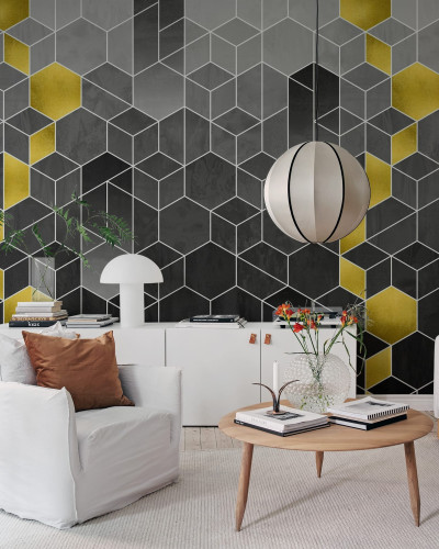 Tapet geometric modern în nuanțe de gri și auriu.