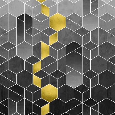 Tapet geometric modern în nuanțe de gri și auriu.