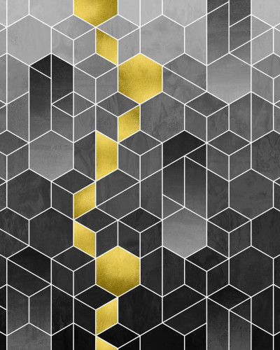 Tapet geometric modern în nuanțe de gri și auriu.