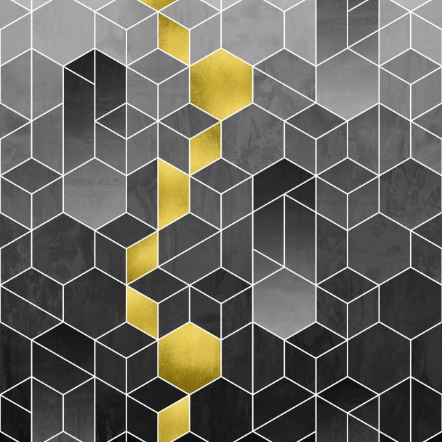 Tapet geometric modern în nuanțe de gri și auriu.