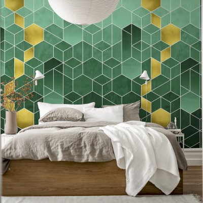 Tapet geometric abstract cu nuanțe de smarald și auriu.