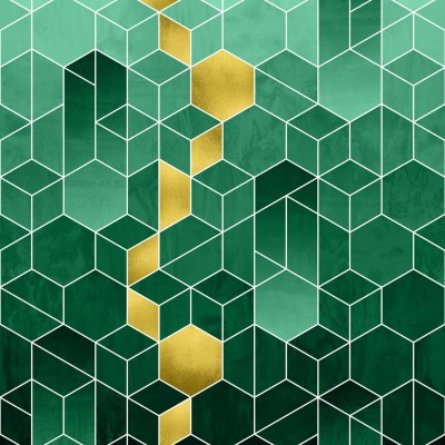 Tapet geometric abstract cu nuanțe de smarald și auriu.