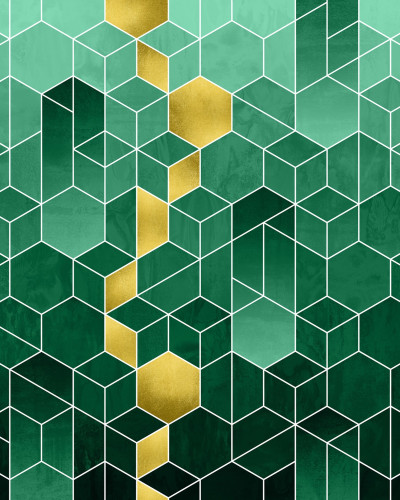 Tapet geometric abstract cu nuanțe de smarald și auriu.