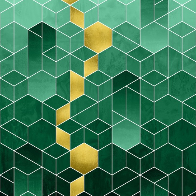 Tapet geometric abstract cu nuanțe de smarald și auriu.