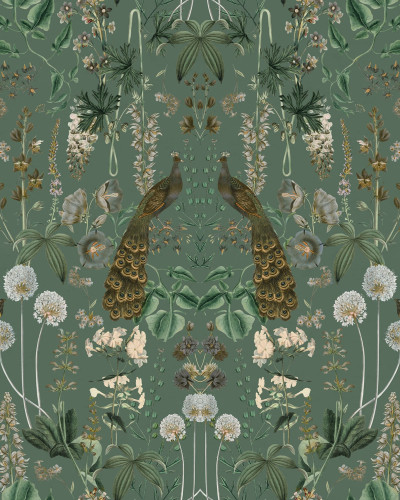Tapet cu design floral, cu păuni pe fundal verde.