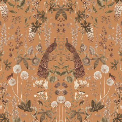 Tapet floral Peacock Garden Ochre, cu detalii botanice bogate si pasari exotice, intr-un interior modern.