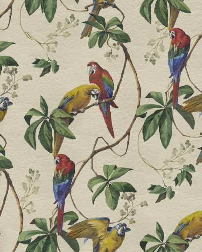 Tapet cu papagali multicolori pe un fundal nisipos, cu design vibrant și detaliat.