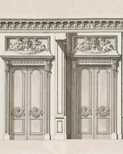 Tapet Cameră Istorică Bej, cu uși ornamentate și elemente decorative.