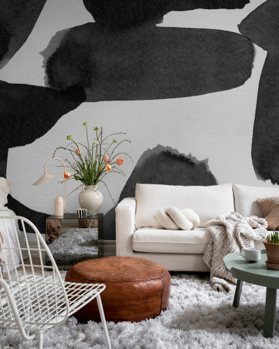 Wiggle Shapes - Graphite wallpaper, un wallpaper abstract cu forme ondulate in nuante de gri.