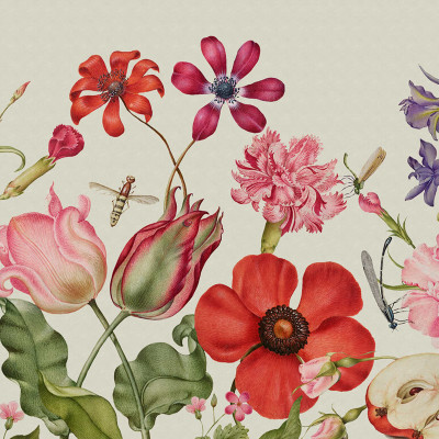 Tapet cu flori sălbatice Wild Flowers, Summer, un design modern cu flori vibrante pe un fundal verde deschis.