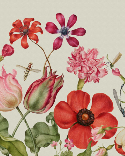 Tapet cu flori sălbatice Wild Flowers, Summer, un design modern cu flori vibrante pe un fundal verde deschis.