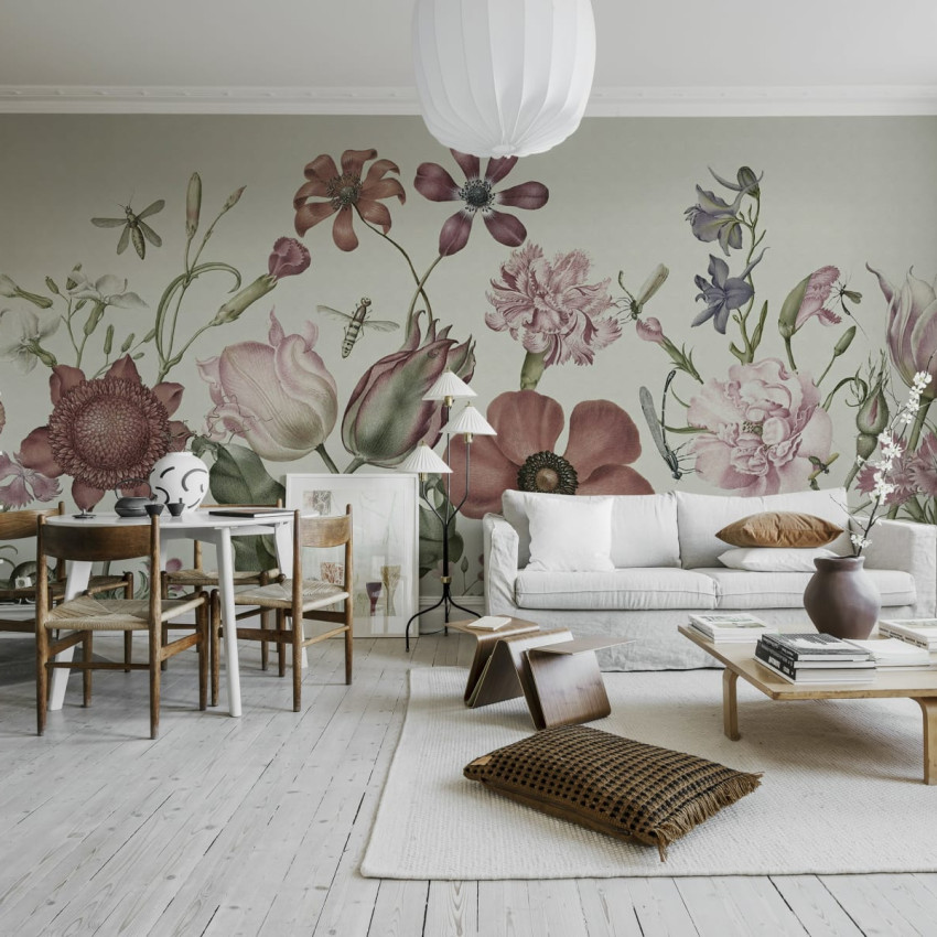 Tapet cu flori sălbatice Wild Flowers, Summer, un design modern cu flori vibrante pe un fundal verde deschis.